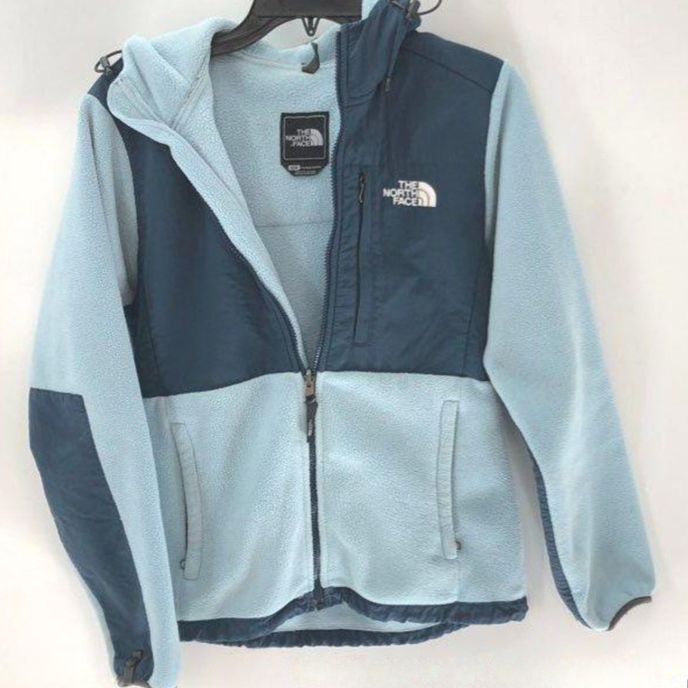 The North Face Denali Hoodie Womens M Blue Colorblock Polartec Fleece Jacket